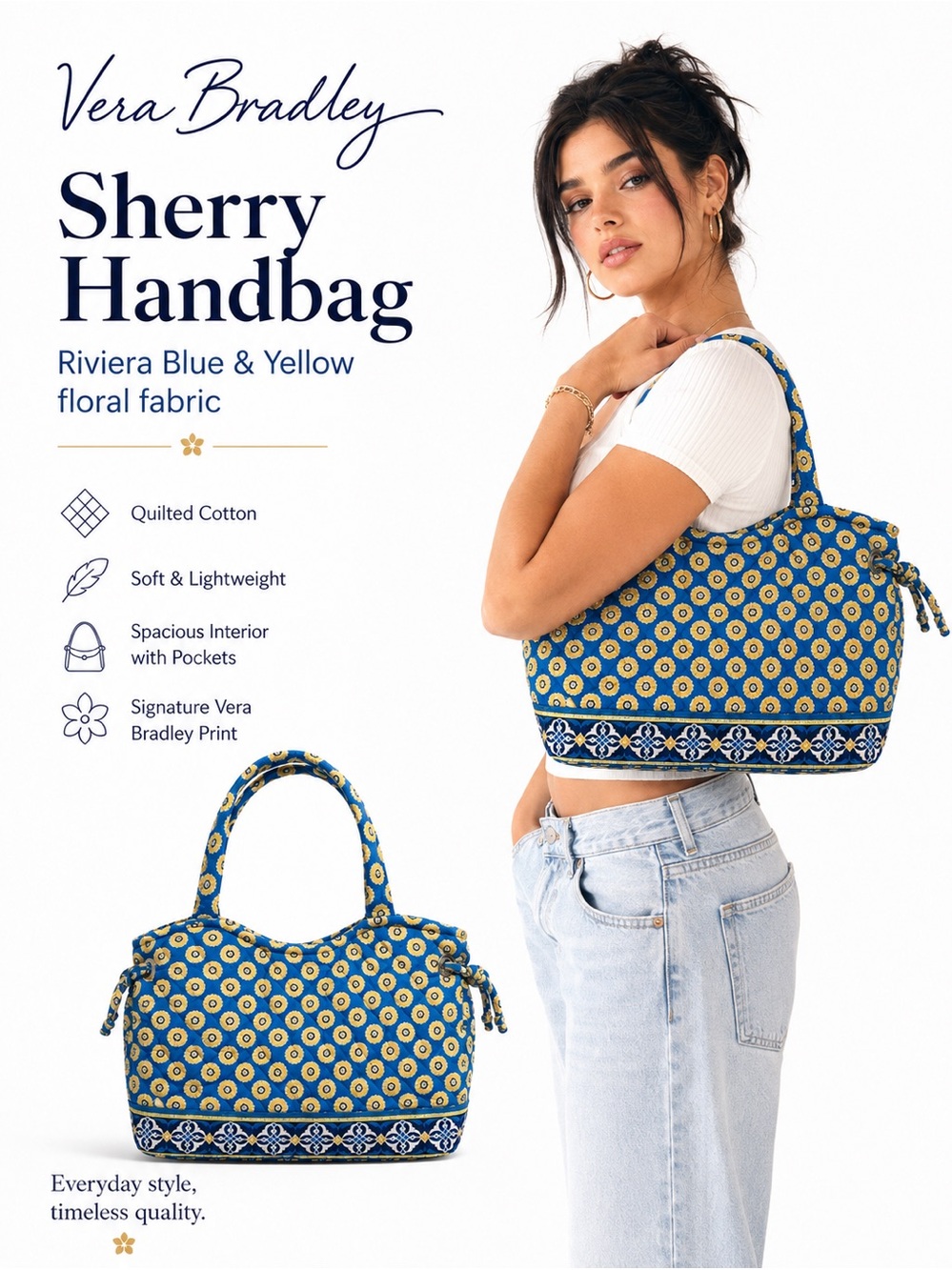 Vera Bradley Bags Sherry Handbag Riviera Blue & Yellow floral fabric quilted
